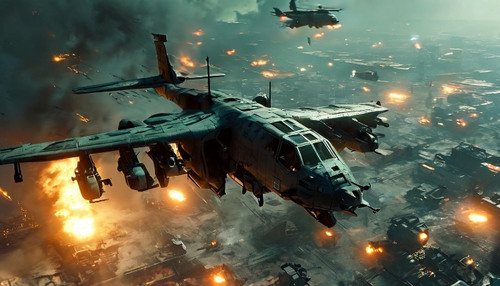 4K military helicopter wallpaper showing aerial combat scene with explosions and dramatic lighting over battlefield landscape - digital download