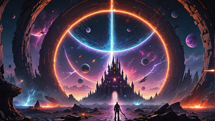 Silhouetted warrior with sword approaching gothic castle through giant glowing cosmic portal surrounded by multiple planets lightning and energy beams in epic space fantasy 4K wallpaper - digital download