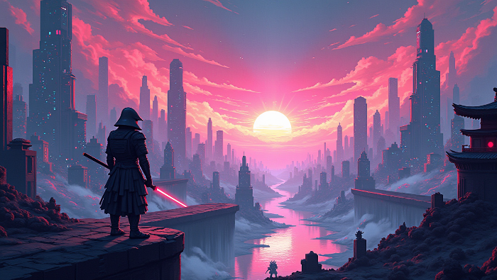 Silhouetted samurai warrior with katana overlooking futuristic cyberpunk city skyline with pink purple sunset sky and neon skyscrapers 4K wallpaper - digital download