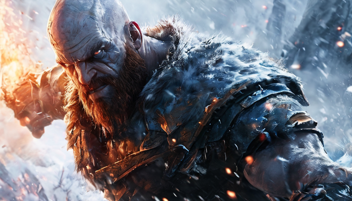 Fierce orc warrior in detailed metal armor with glowing eyes and battle scars surrounded by snow and atmospheric lighting effects in epic 4K fantasy wallpaper - digital download