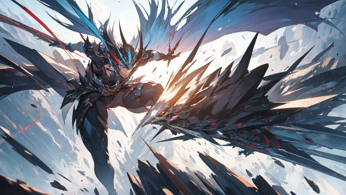 Epic anime fantasy warrior with large detailed wings in dynamic combat pose surrounded by explosive energy effects and light particles in 4K wallpaper - digital download